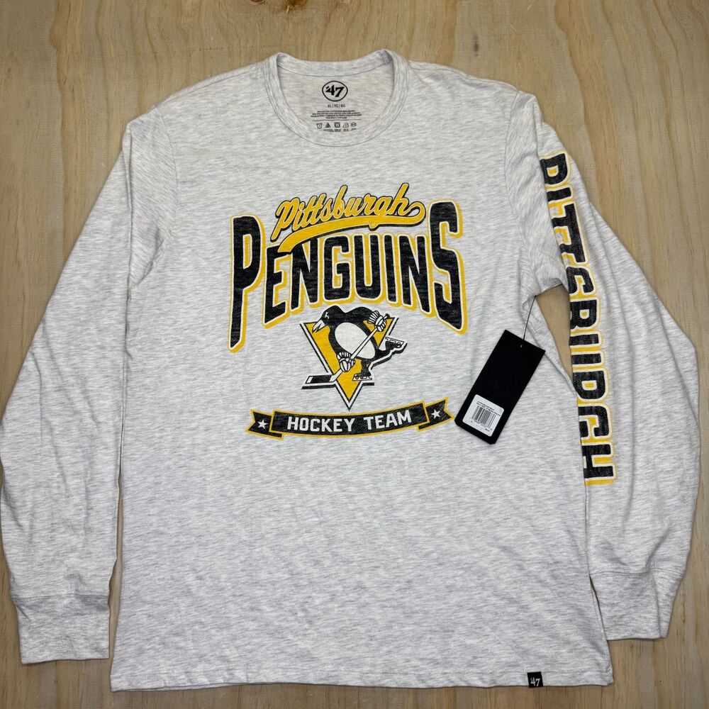 NEW Pittsburgh Penguins '47 Brand Long Sleeve Relay Shirt Cotton Gray SLIM Sz XL